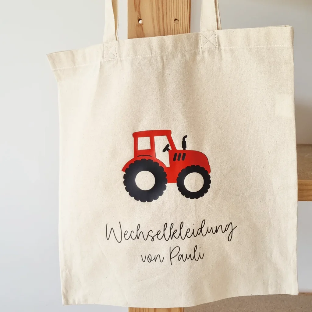 Jutetasche mit Schriftzug und Traktor Motiv